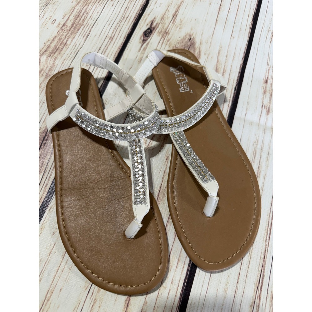 Brash White Rhinestone Thong Sandals Womens 7.5 Flat Dressy Strappy Summer Shoes